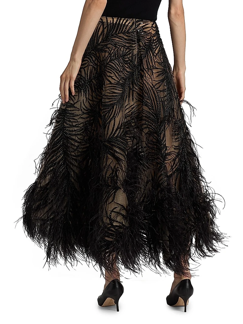 Beaded Feather-Embroidered A-Line Maxi Skirt