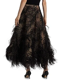 Beaded Feather-Embroidered A-Line Maxi Skirt