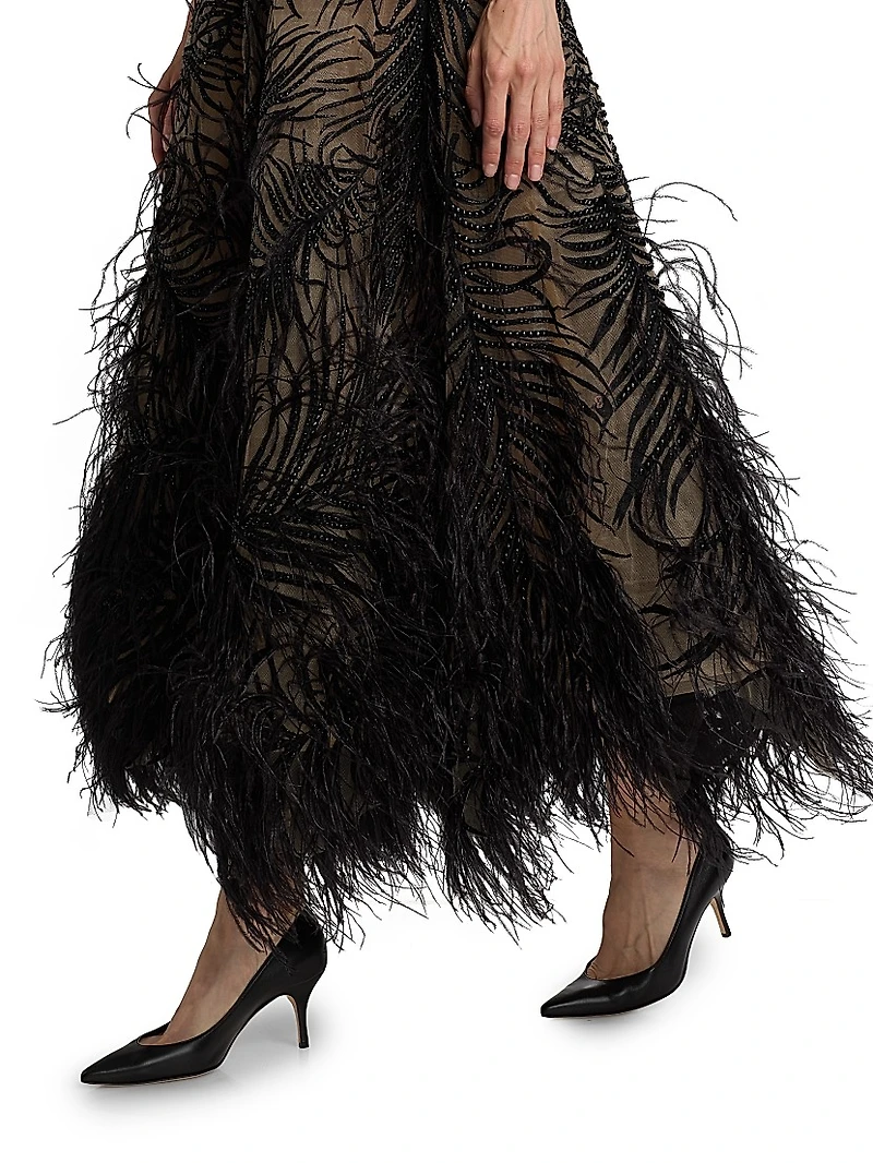Beaded Feather-Embroidered A-Line Maxi Skirt