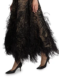 Beaded Feather-Embroidered A-Line Maxi Skirt