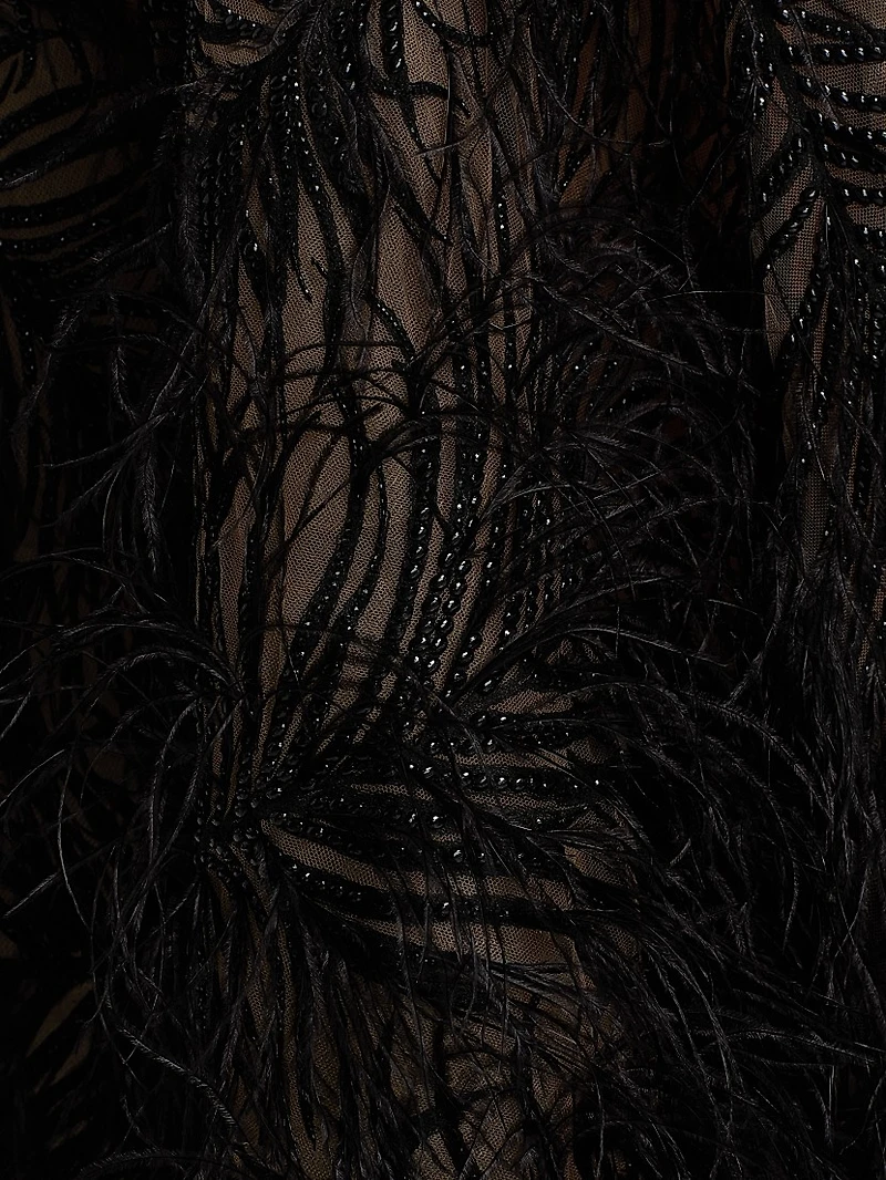 Beaded Feather-Embroidered A-Line Maxi Skirt