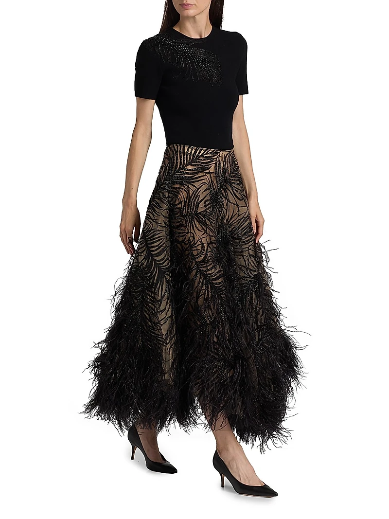 Beaded Feather-Embroidered A-Line Maxi Skirt