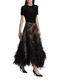 Beaded Feather-Embroidered A-Line Maxi Skirt