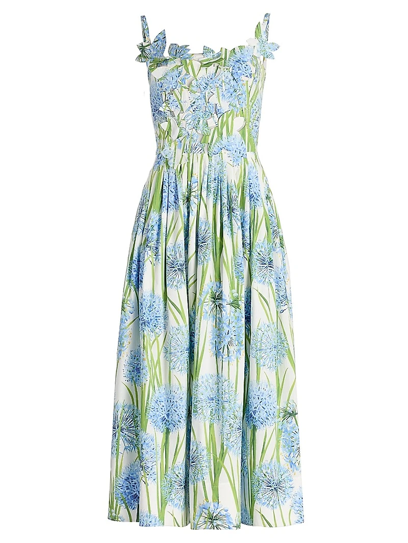 Allium-Print Embroidered Cotton Poplin Cocktail Dress