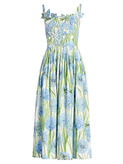 Allium-Print Embroidered Cotton Poplin Cocktail Dress