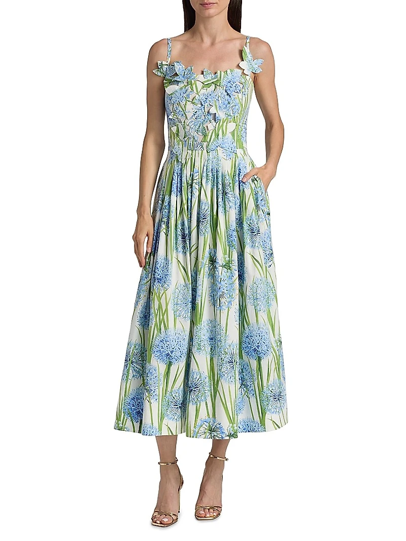 Allium-Print Embroidered Cotton Poplin Cocktail Dress