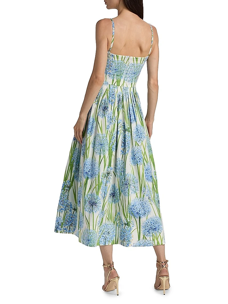 Allium-Print Embroidered Cotton Poplin Cocktail Dress