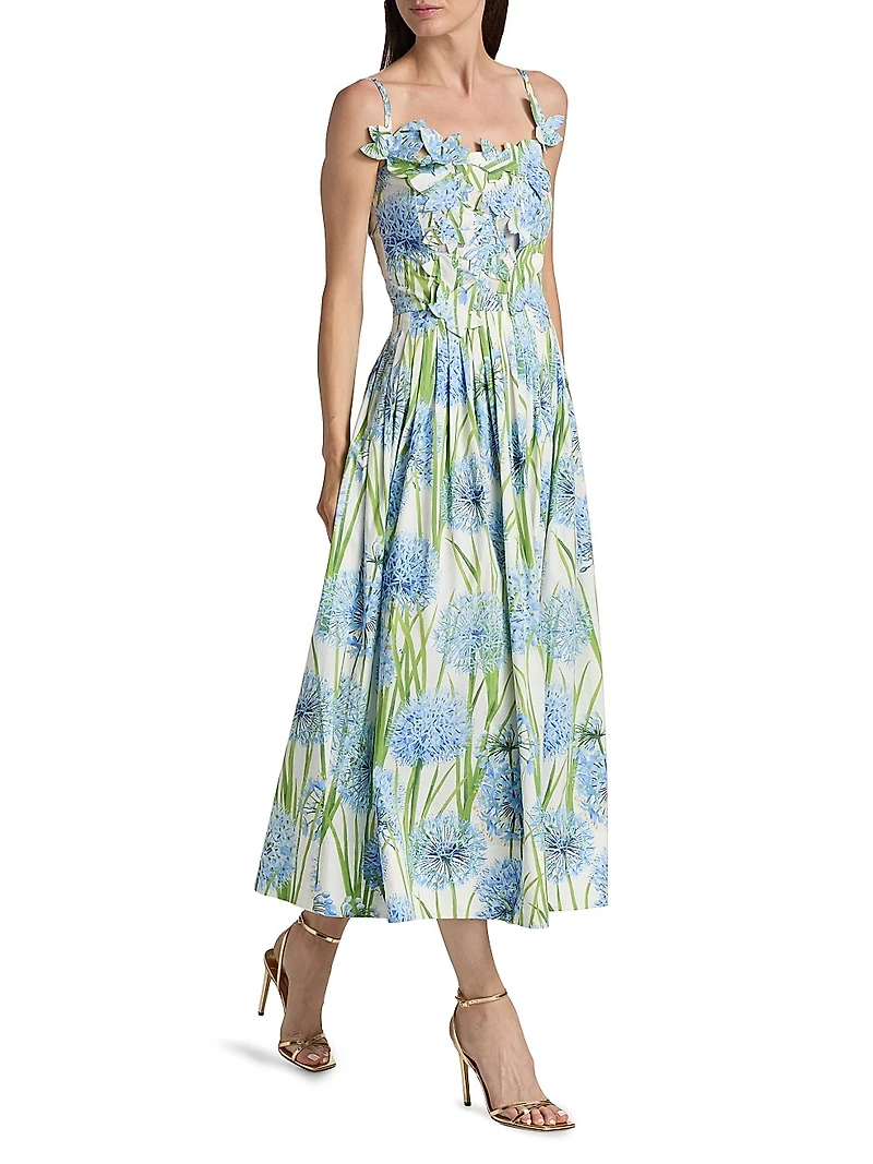Allium-Print Embroidered Cotton Poplin Cocktail Dress
