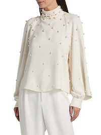 Imitation-Pearl-Embroidered Silk-Blend Georgette Blouse