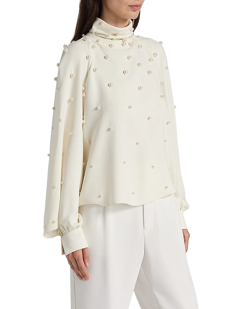Imitation-Pearl-Embroidered Silk-Blend Georgette Blouse