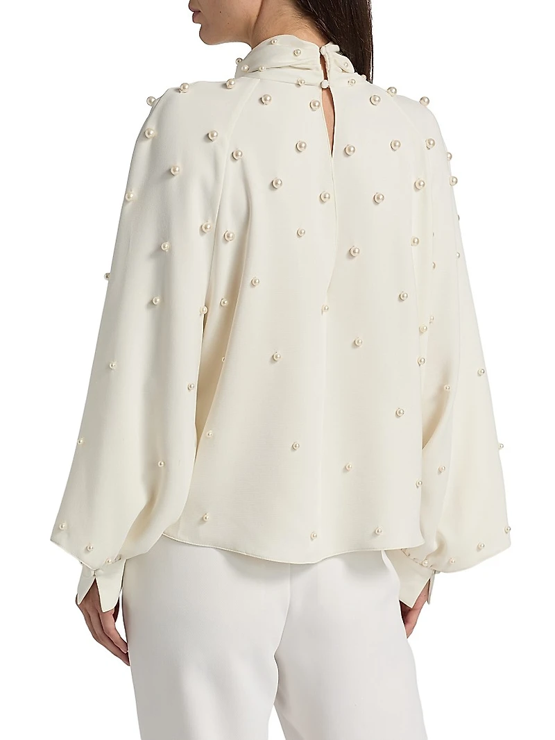 Imitation-Pearl-Embroidered Silk-Blend Georgette Blouse