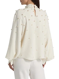 Imitation-Pearl-Embroidered Silk-Blend Georgette Blouse
