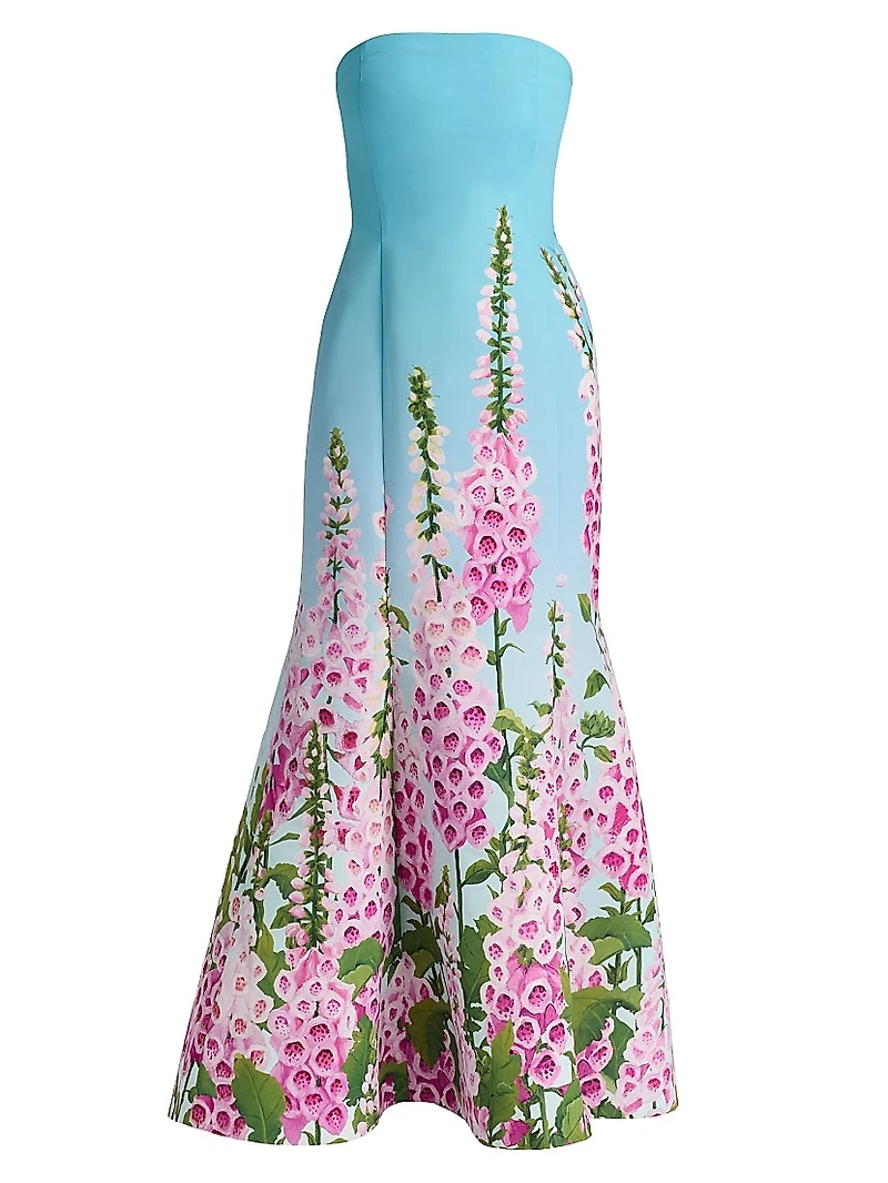 Foxgloves-Print Ombré Faille Strapless Gown