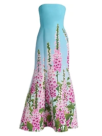 Foxgloves-Print Ombré Faille Strapless Gown