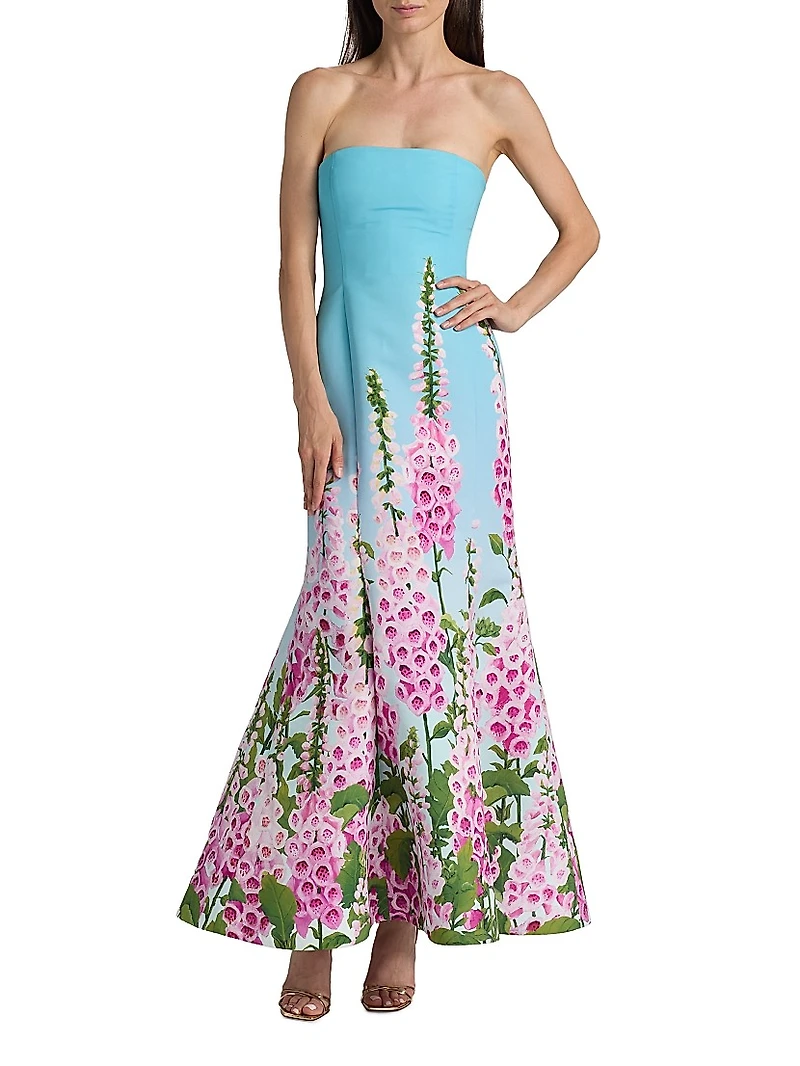 Foxgloves-Print Ombré Faille Strapless Gown