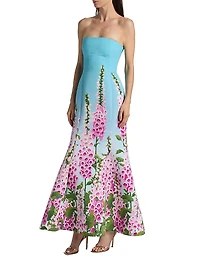 Foxgloves-Print Ombré Faille Strapless Gown