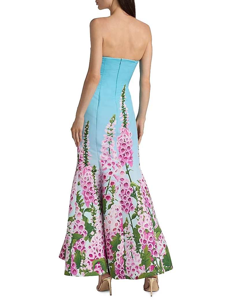 Foxgloves-Print Ombré Faille Strapless Gown