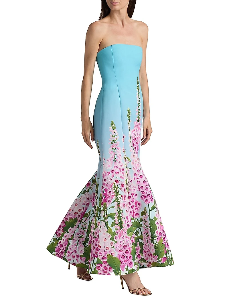 Foxgloves-Print Ombré Faille Strapless Gown