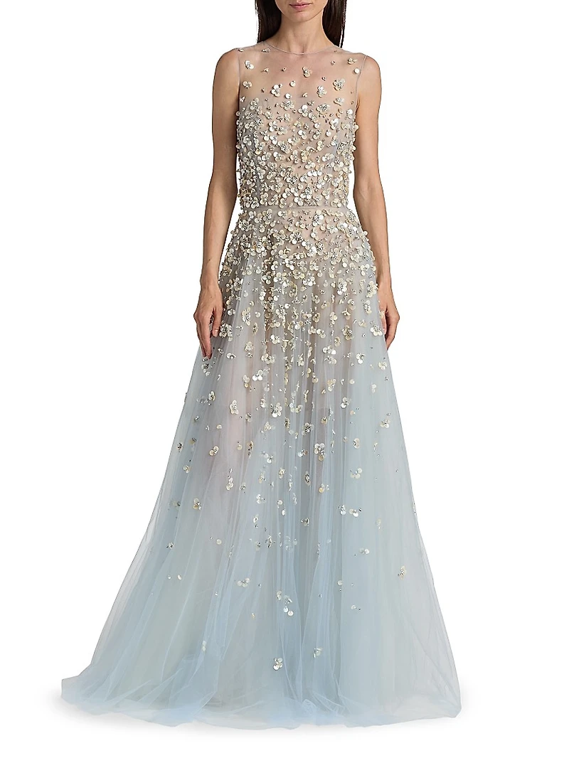 Mother-of-Pearl Embroidered Tulle Gown
