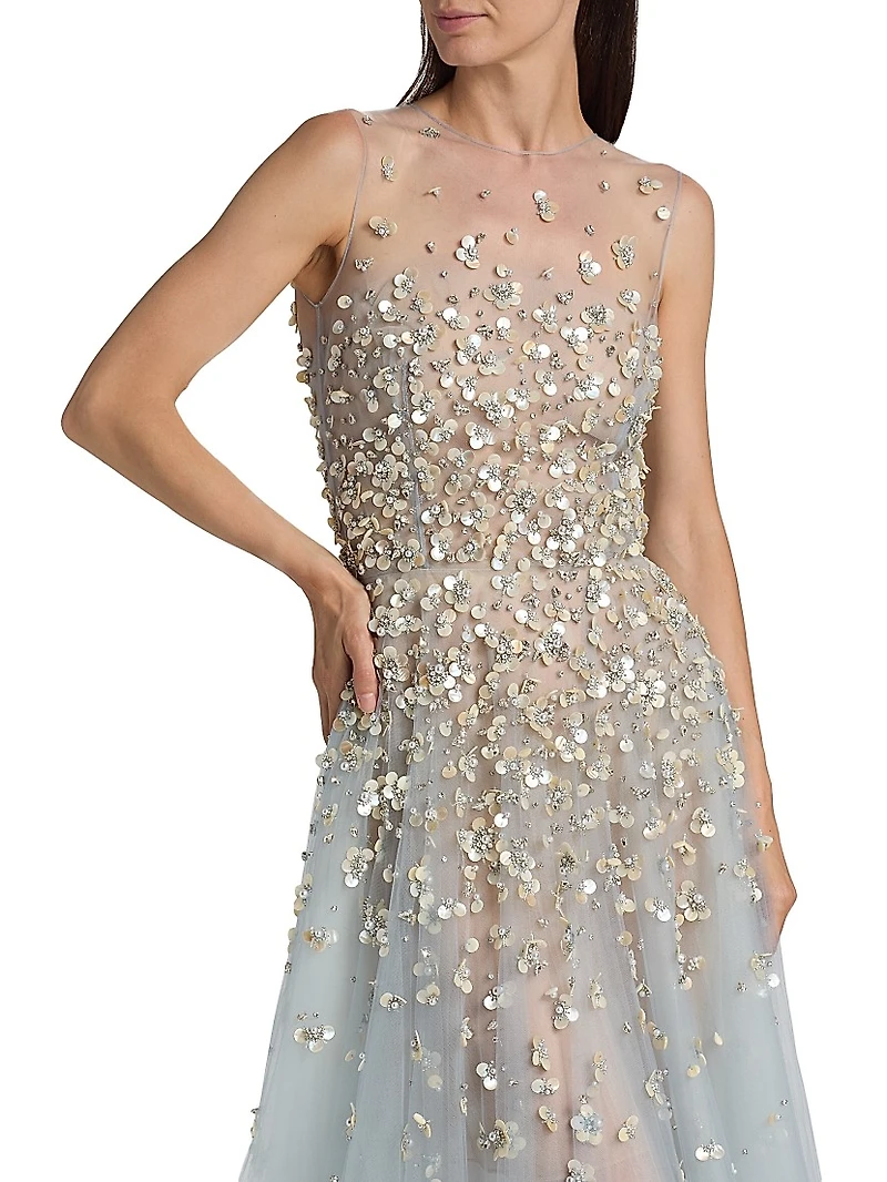 Mother-of-Pearl Embroidered Tulle Gown