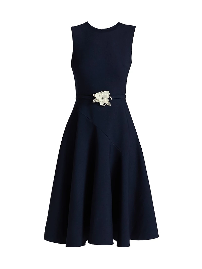 Crystal-Embellished Flower Belted Midi-Dress