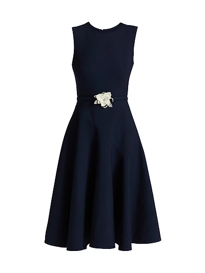 Crystal-Embellished Flower Belted Midi-Dress
