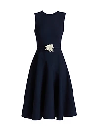 Crystal-Embellished Flower Belted Midi-Dress
