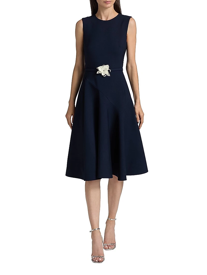 Crystal-Embellished Flower Belted Midi-Dress