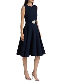 Crystal-Embellished Flower Belted Midi-Dress