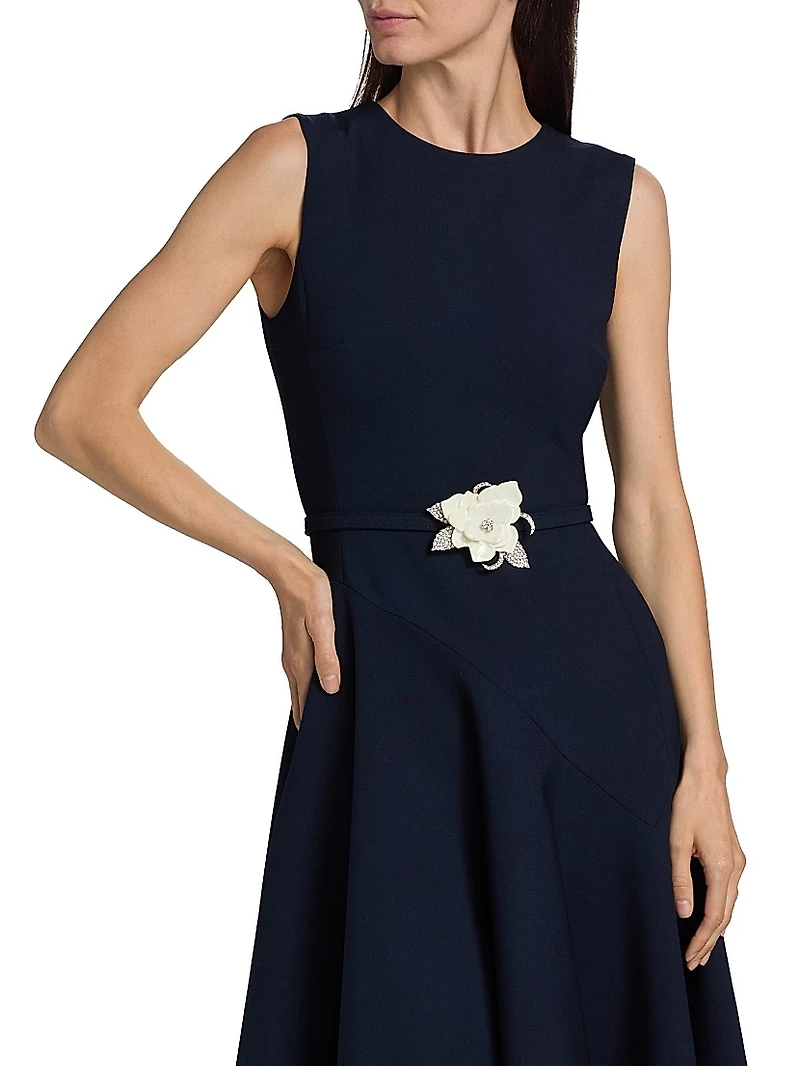 Crystal-Embellished Flower Belted Midi-Dress