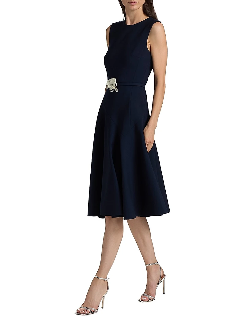 Crystal-Embellished Flower Belted Midi-Dress