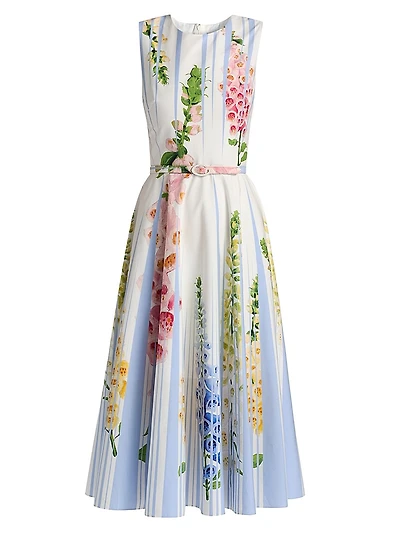 Pleated Foxgloves-Print Cotton Poplin Midi-Dress