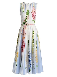 Pleated Foxgloves-Print Cotton Poplin Midi-Dress
