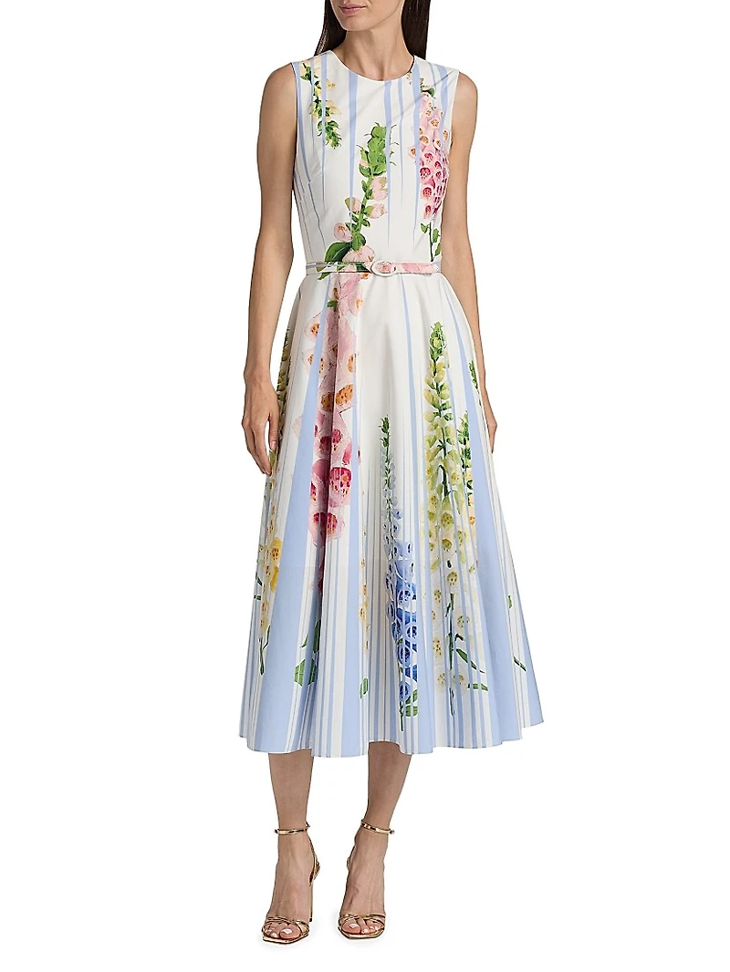 Pleated Foxgloves-Print Cotton Poplin Midi-Dress
