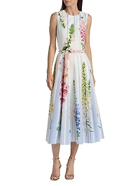 Pleated Foxgloves-Print Cotton Poplin Midi-Dress