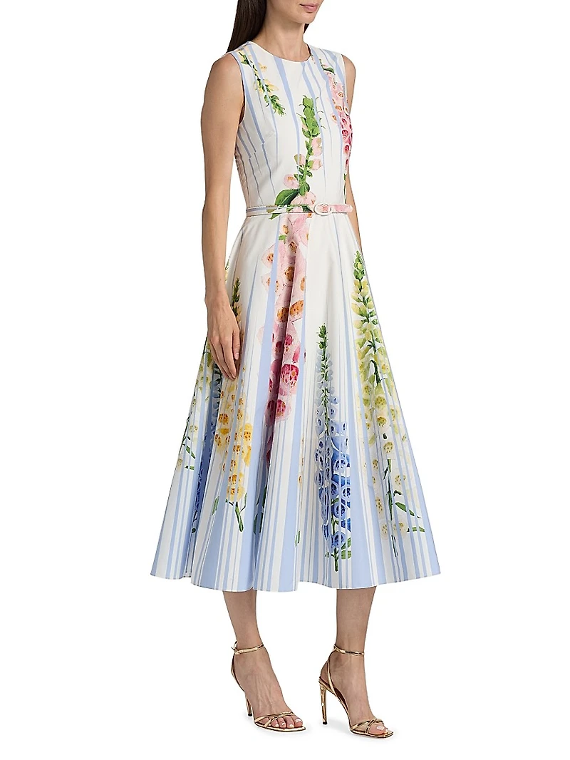Pleated Foxgloves-Print Cotton Poplin Midi-Dress