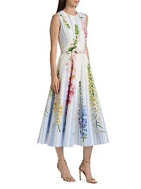 Pleated Foxgloves-Print Cotton Poplin Midi-Dress