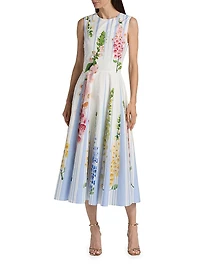 Pleated Foxgloves-Print Cotton Poplin Midi-Dress