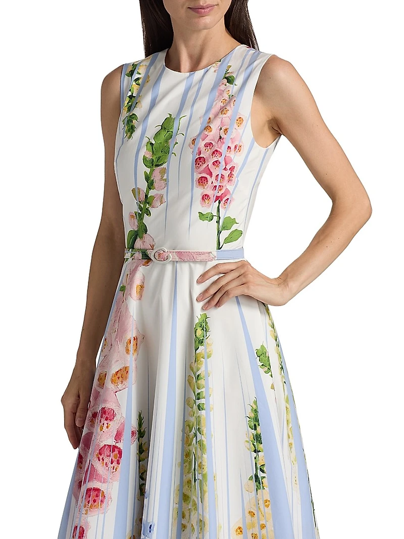 Pleated Foxgloves-Print Cotton Poplin Midi-Dress