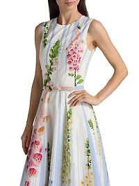 Pleated Foxgloves-Print Cotton Poplin Midi-Dress
