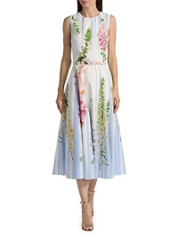 Pleated Foxgloves-Print Cotton Poplin Midi-Dress