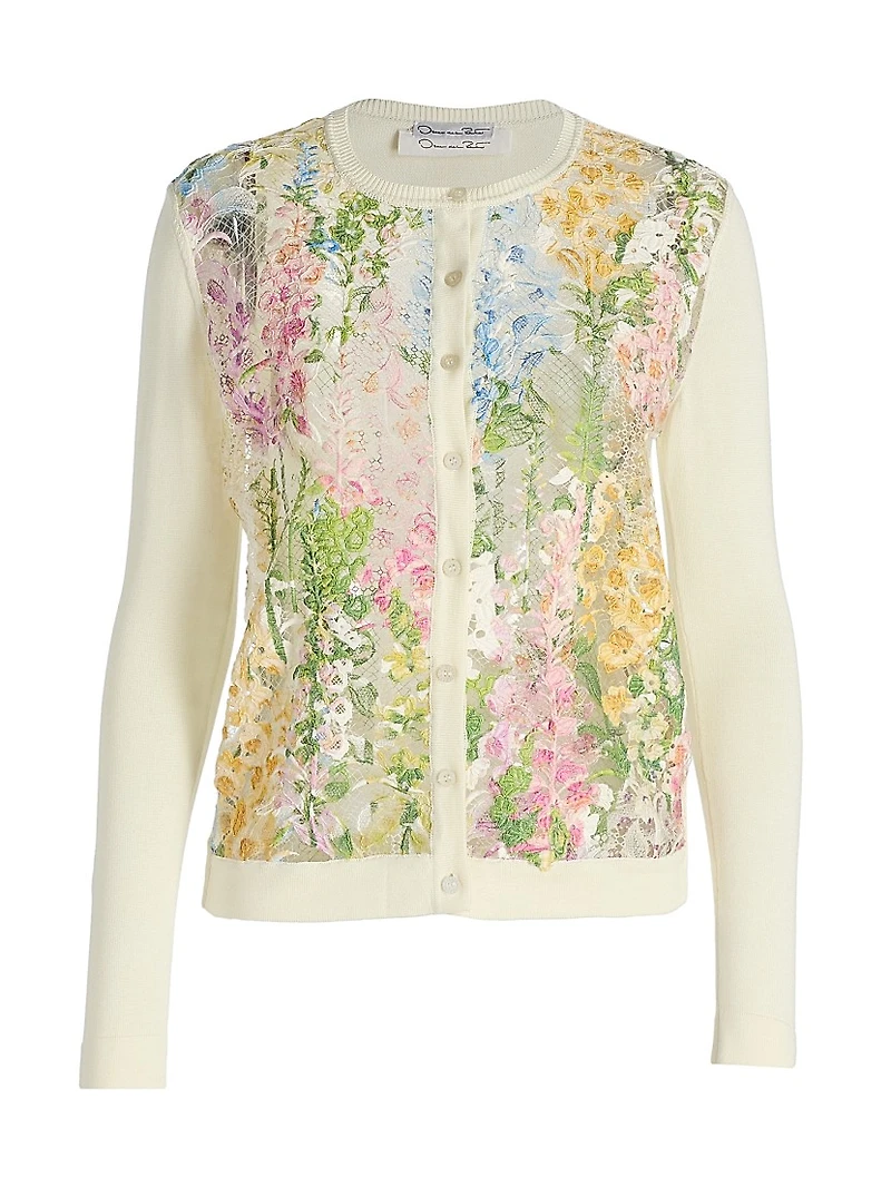 Foxgloves-Embroidered Lace Insert Cardigan