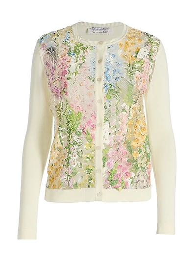 Foxgloves-Embroidered Lace Insert Cardigan