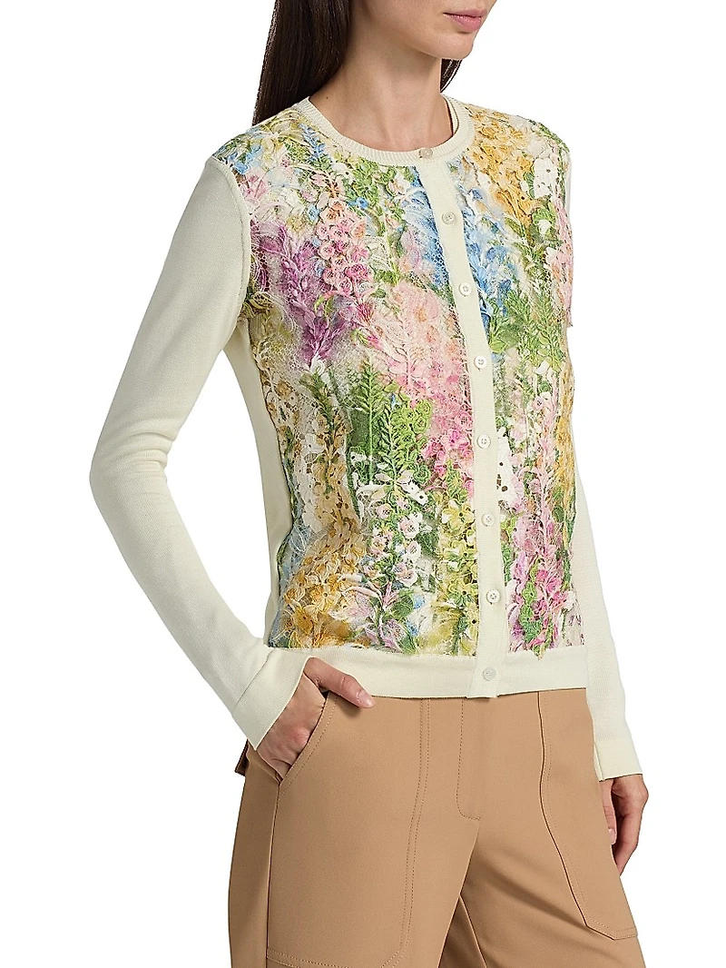 Foxgloves-Embroidered Lace Insert Cardigan