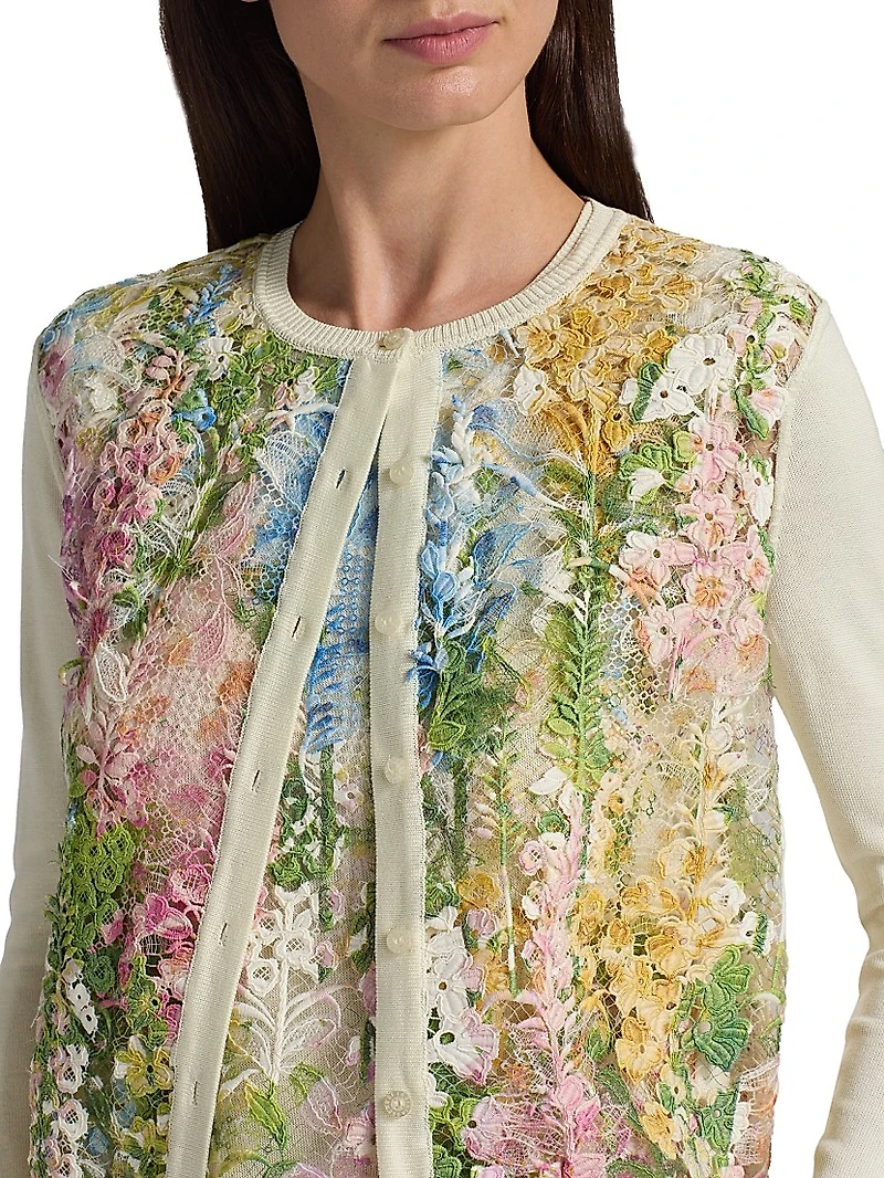 Foxgloves-Embroidered Lace Insert Cardigan