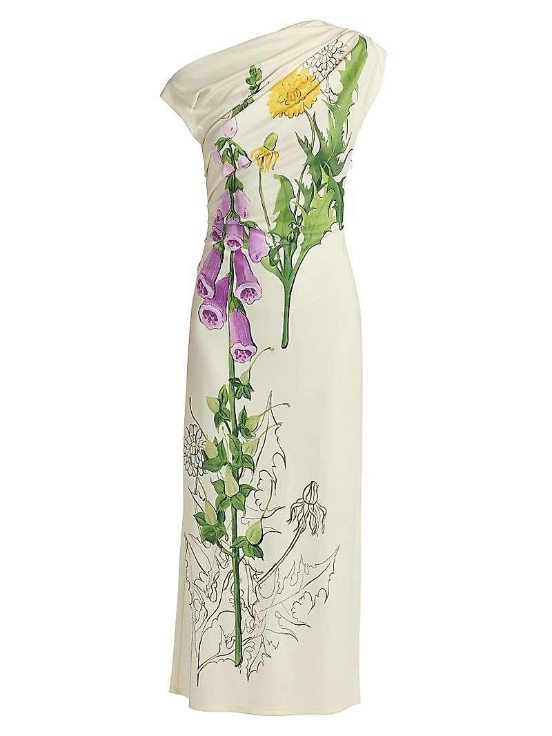 Draped Foxglove Jersey One-Shoulder Gown