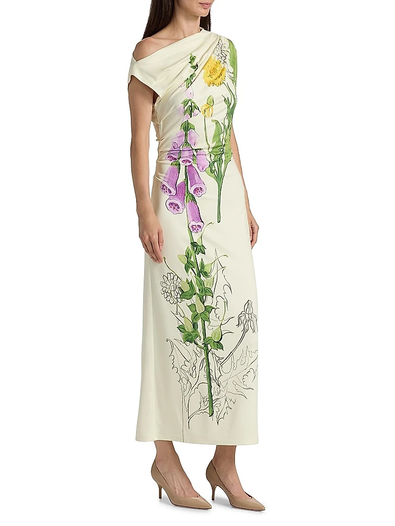 Draped Foxglove Jersey One-Shoulder Gown