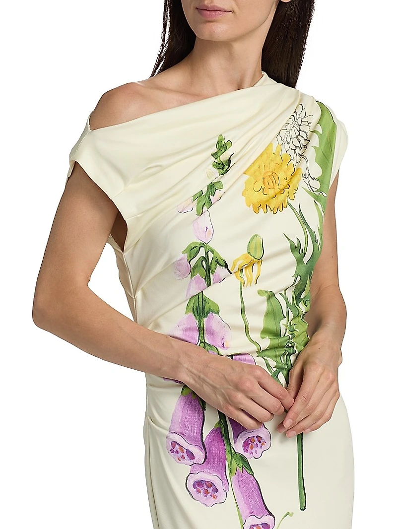 Draped Foxglove Jersey One-Shoulder Gown