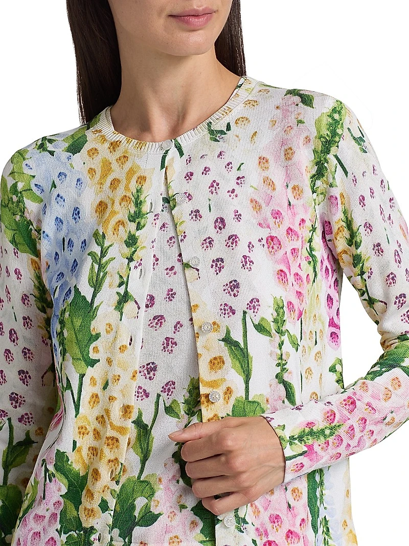 Foxgloves-Print Cotton-Blend Cardigan