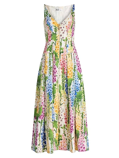 Foxgloves-Print Stretch-Cotton Poplin Maxi Dress